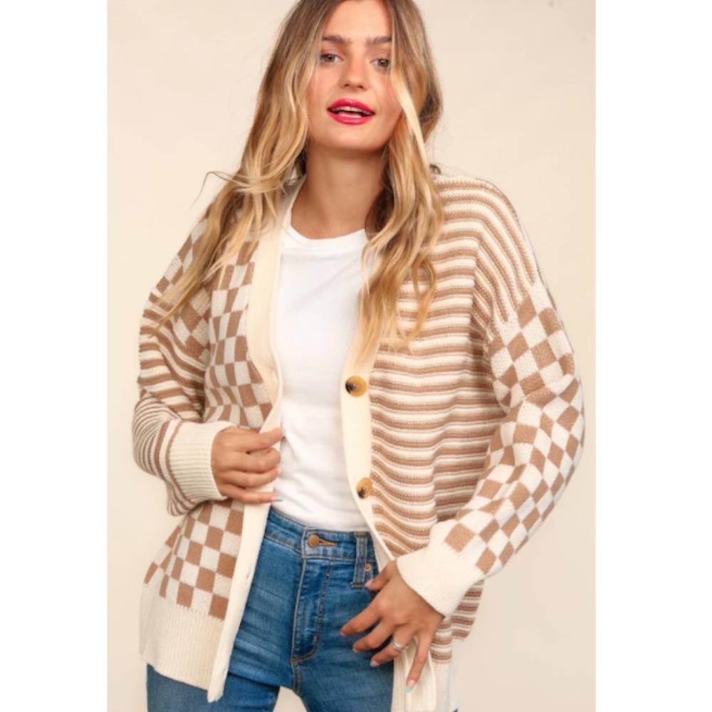 Beige Checkered & Stripe Button-Front Cardigan Sweater